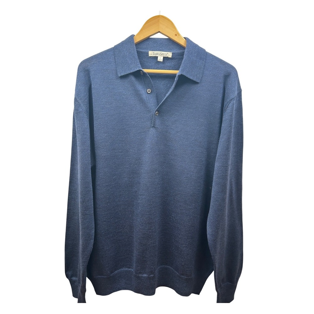 TravelSmith Polo Sweater‎ 100% Merino Wool Men's L Blue Long Sleeve Minimalist